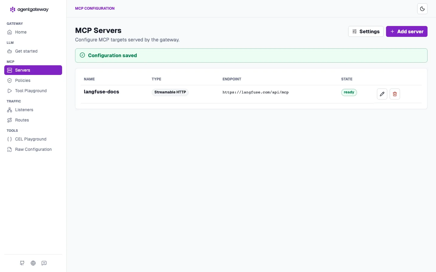 MCP Servers に langfuse-docs が ready