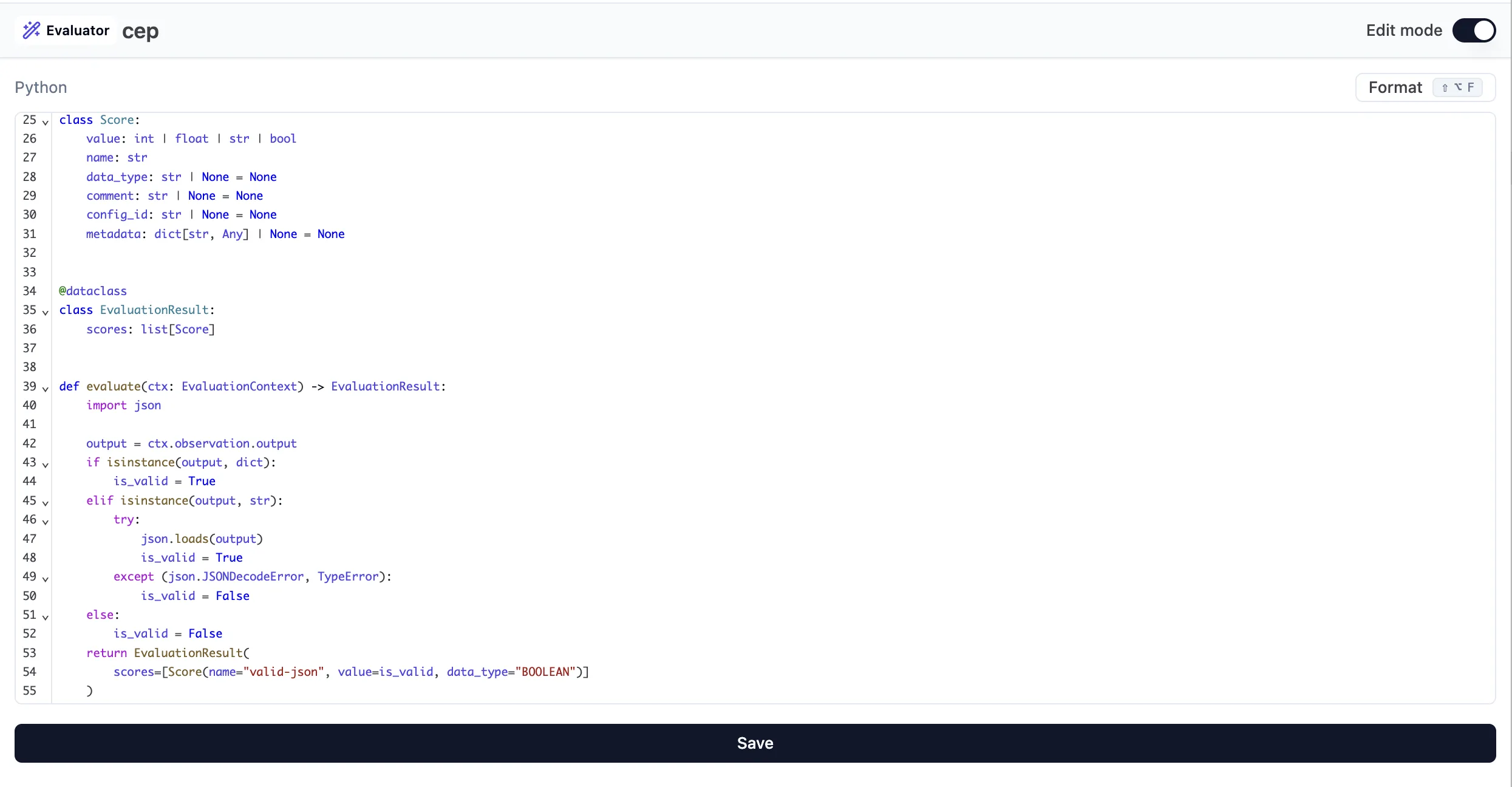 Code Evaluatorのコードエディタ画面（固定ヘッダーと編集可能な evaluate 関数）