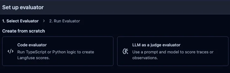 評価テンプレートのタイプ選択UI（LLM-as-a-Judge と Code を切り替える）
