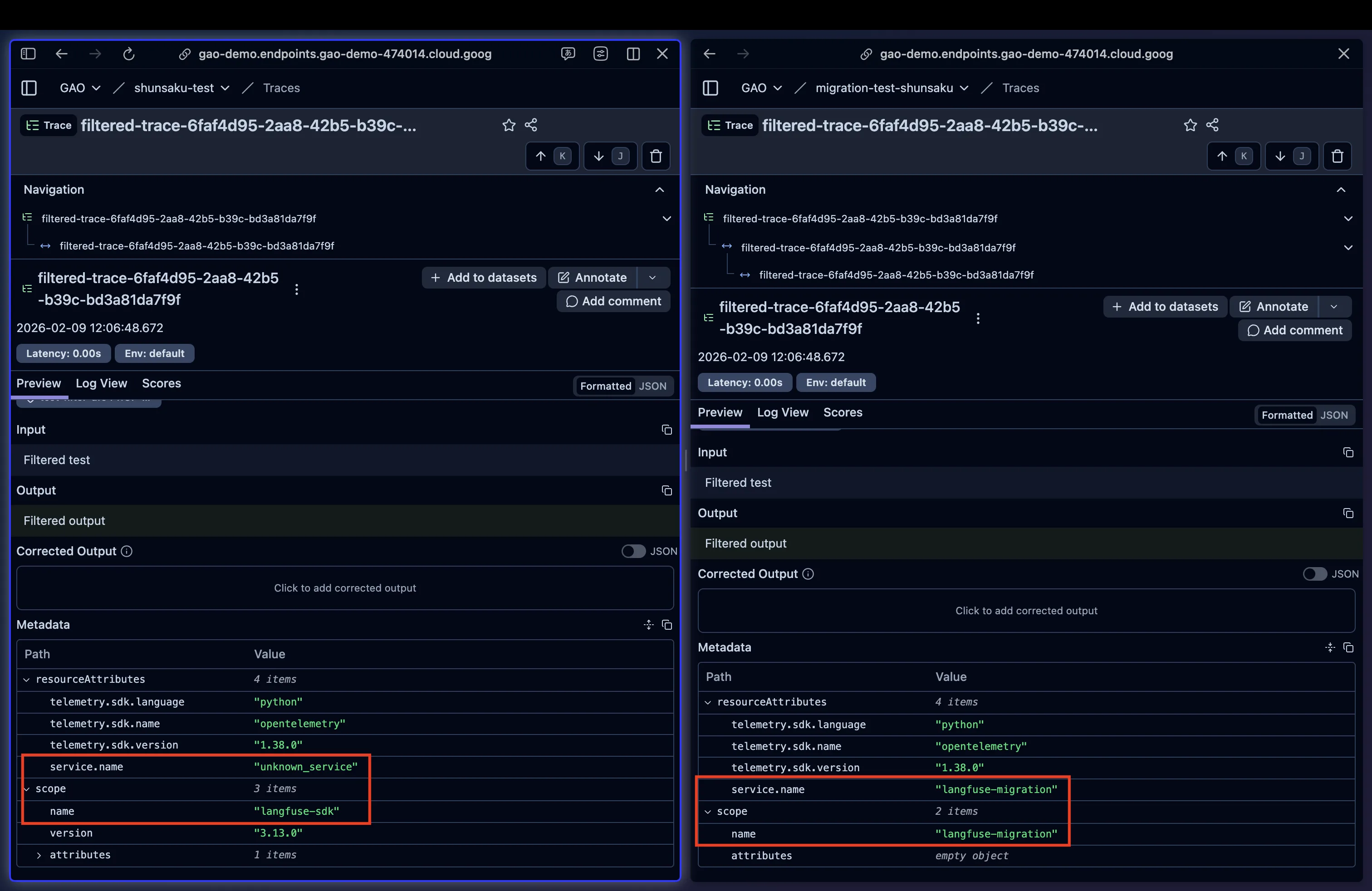 移行元（左）の トレースのメタデータ service.name と scope.name が、移行先（右）では langfuse-migration に置き換わる