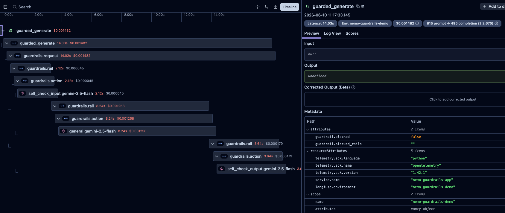 1リクエストのレイテンシ内訳。self_check_input、本体生成general、self_check_outputが積み上がる